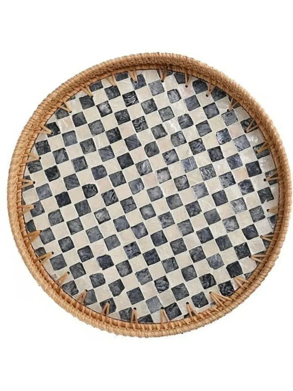 Round Rattan Tray Black Mother of Pearl Inlay Coffee Table Kitchen Decor
